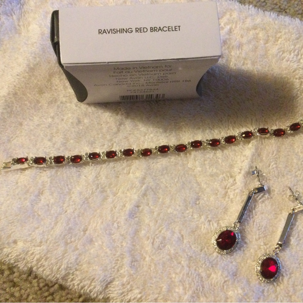 Avon Ravishing Red Tennis Bracelet, Pendant Necklace and Earrings